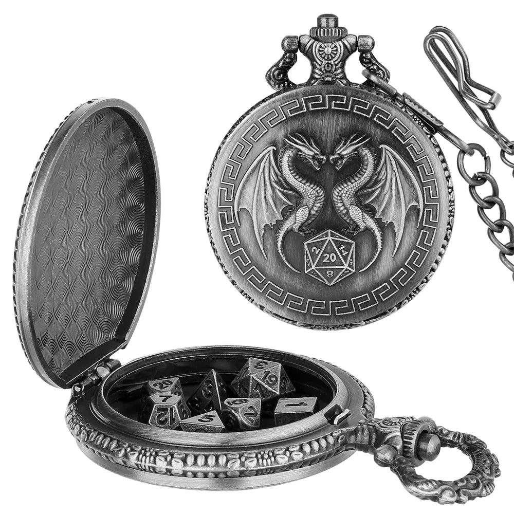 A silver steampunk dragon pocket watch dice case with a lid and an open compartment holding seven mini dice.
