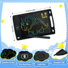 A black LCD writing tablet with a dinosaur design and a stylus, showing features like colorful screen, one key erase, lock ke