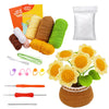 A DIY potted plant crochet kit showing yarn, needles, and a finished crocheted flower plant.