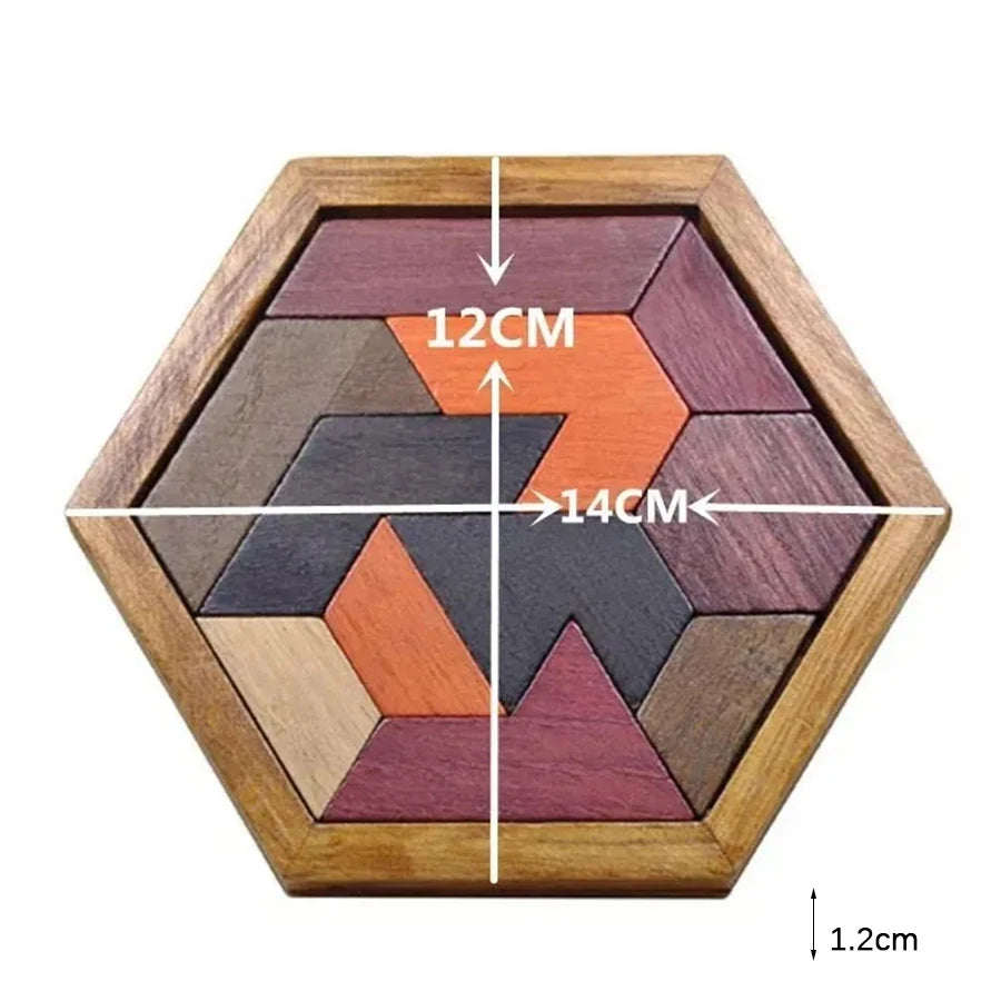 A wooden tangram puzzle set with colored pieces arranged in a hexagonal frame.