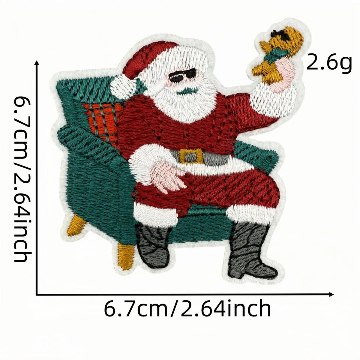 Iron-on patch of Santa Claus sitting in a green armchair with a yellow elf