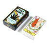 A black box for a Pot Tarot card deck with a yellow and black design, next to a single tarot card.