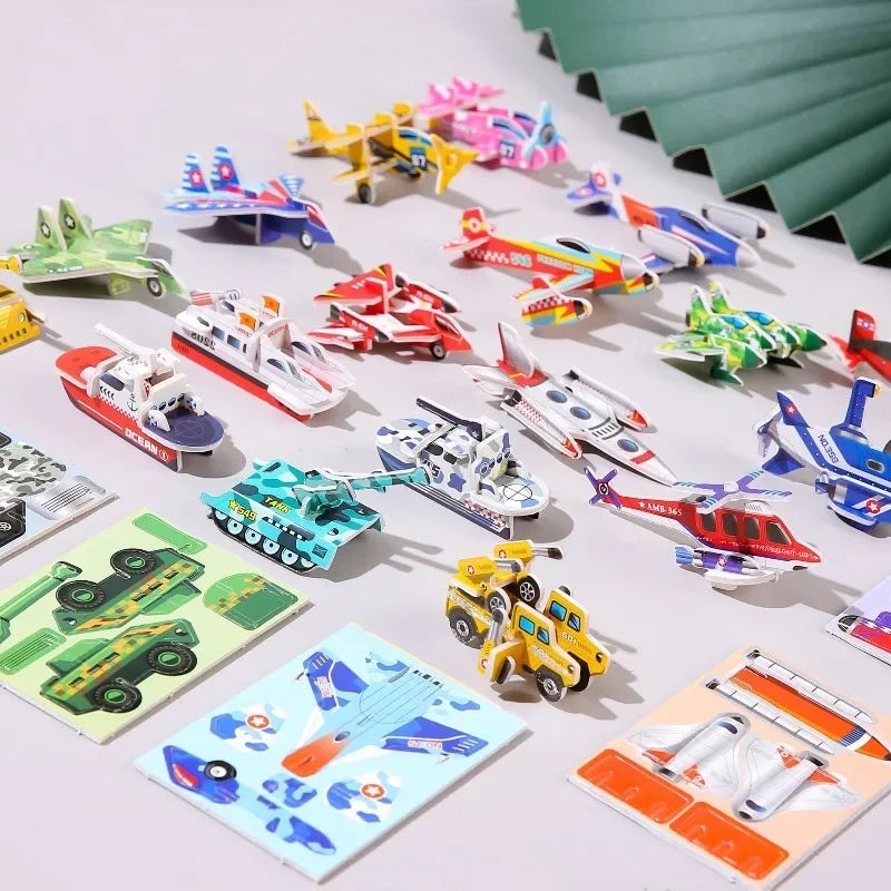 A collection of 30 paper puzzle pieces featuring various animal and vehicle themes in colorful designs.