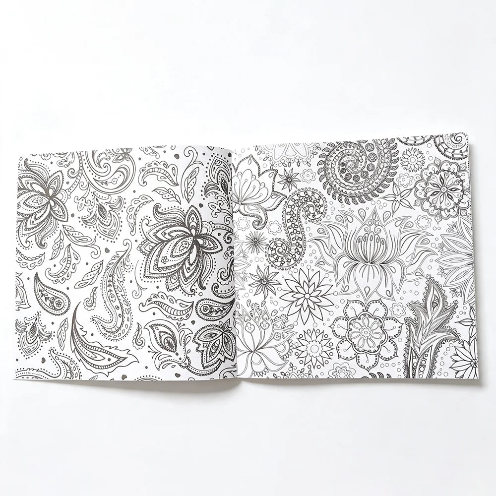 An open 24-page mandala coloring book featuring intricate black and white floral and swirling patterns.