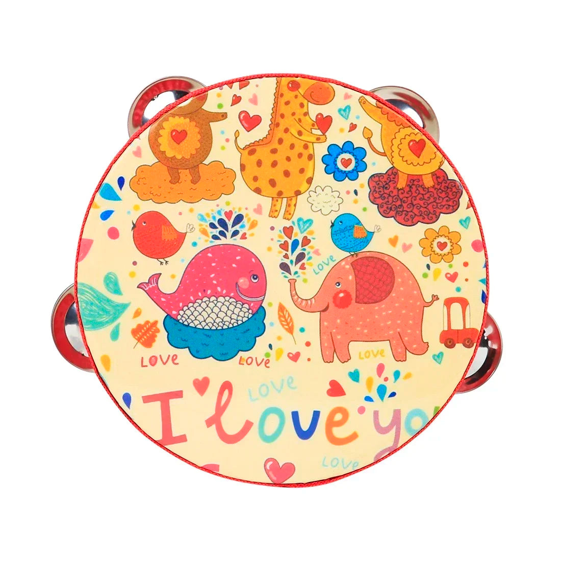 A round wooden tambourine with a colorful cartoon design featuring various animals like a giraffe, elephant, and bird.
