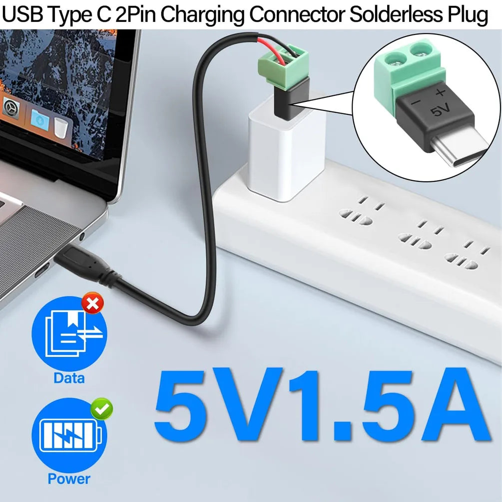 Solderless USB Type C to 2Pin charging connector plug for 5V 1.5A power delivery
