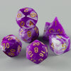 A set of purple and white marbled acrylic dice for tabletop gaming