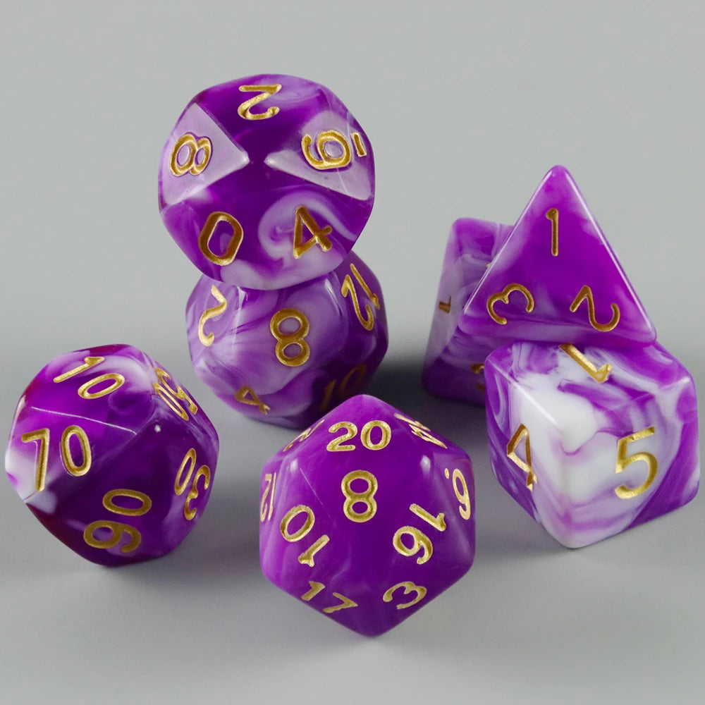 A set of purple and white marbled acrylic dice for tabletop gaming