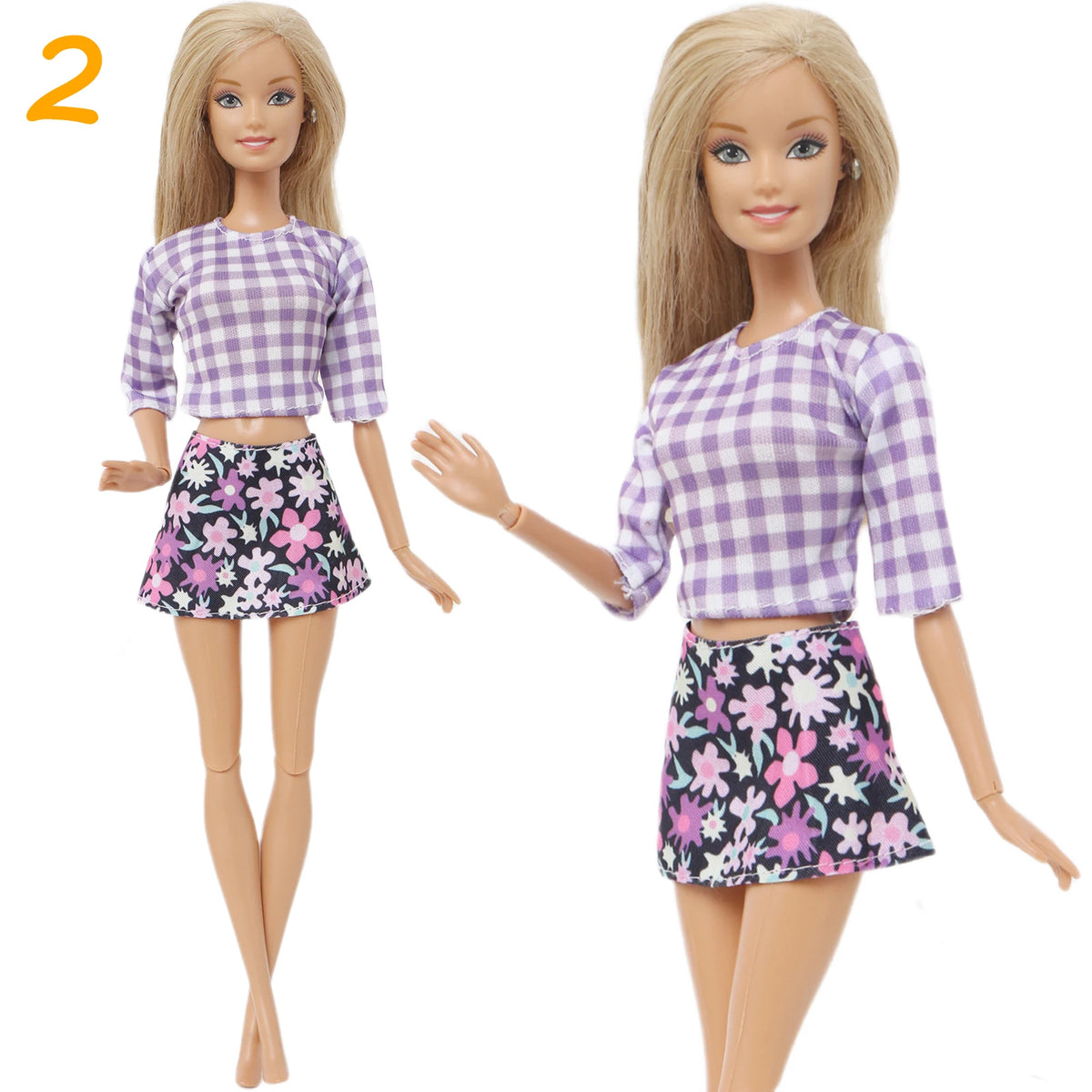Fashion Doll Outfit Set – Wave Point Dress & Denim Grid Skirt for 11.5–12 Inch Dolls