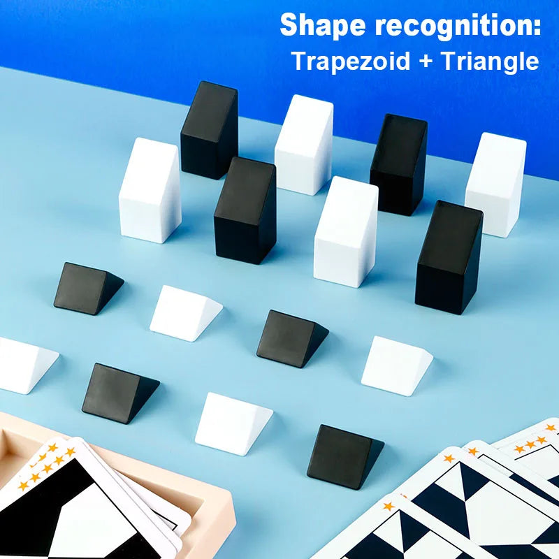 Geometric block puzzle featuring trapezoid and triangle shapes on a blue surface.