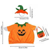 An orange pumpkin shaped festive porch goose decoration with green leaves and a carved face.