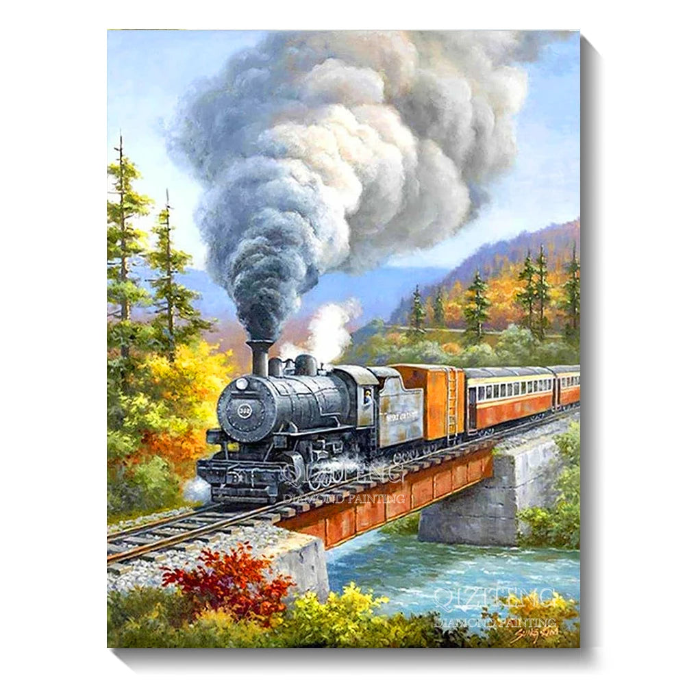 A steam train with a large plume of smoke crosses a bridge over water in a lush forest landscape.