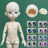 A pale, articulated 1/6 scale BJD doll with large, iridescent eyes displayed next to various eye options.
