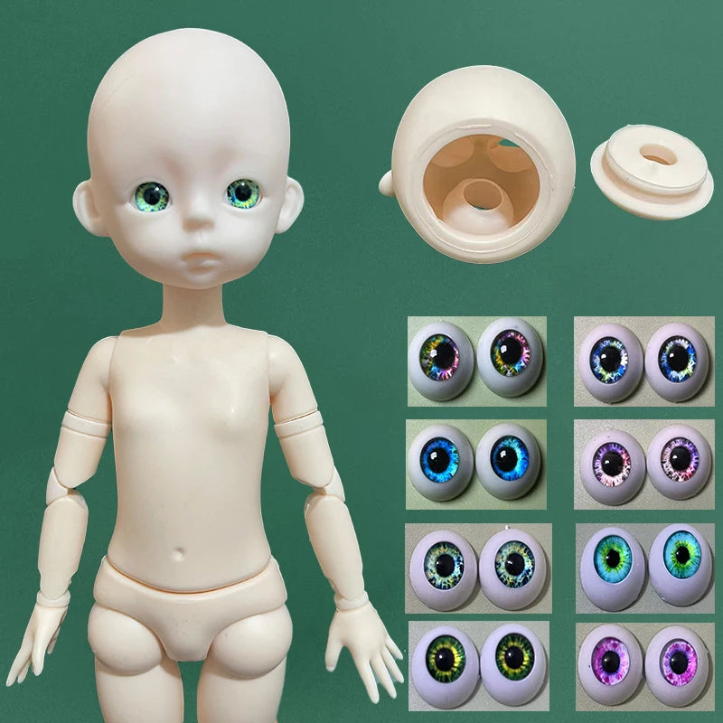 A pale, articulated 1/6 scale BJD doll with large, iridescent eyes displayed next to various eye options.