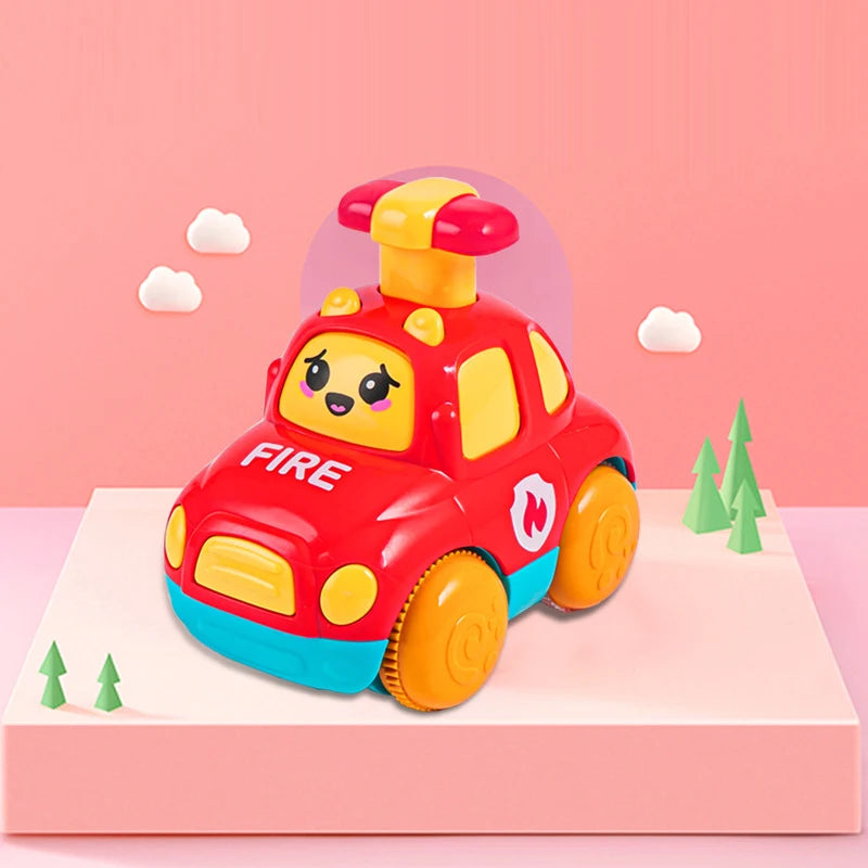 A red fire truck pull-back toy car with a yellow siren on a pink background.