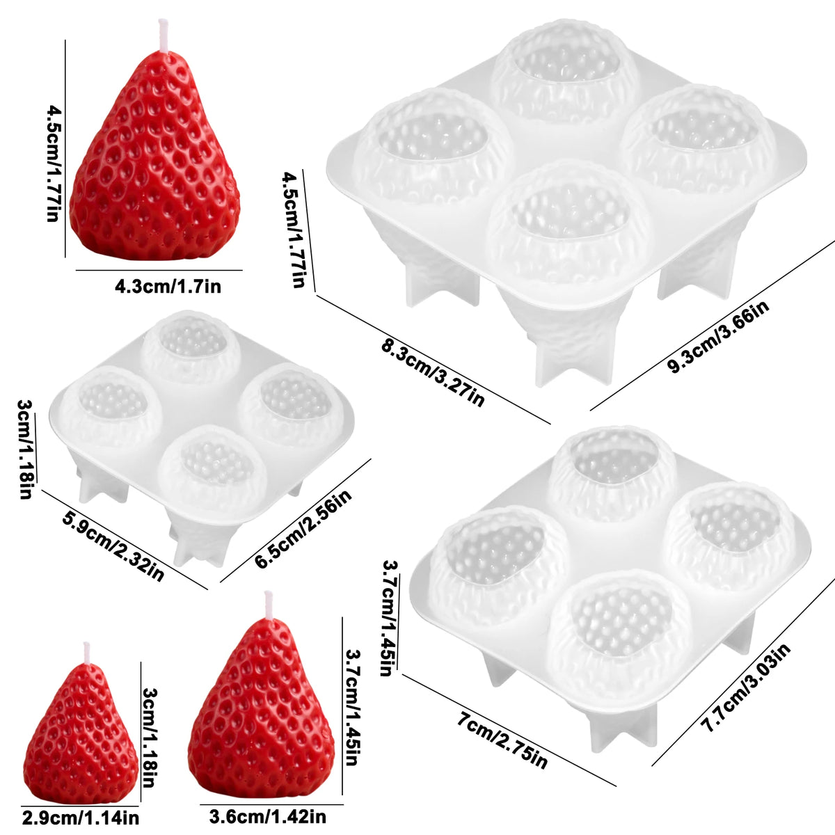 A set of silicone strawberry molds for crafting, showing various sizes and shapes.
