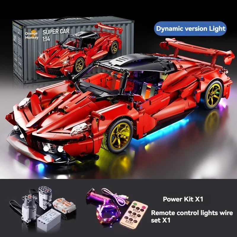A red Supercar model built from building blocks with a dynamic version light kit.