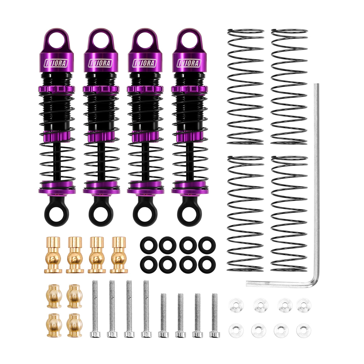 Set of heavy-duty big bore oil shocks for 1/24 RC crawlers including shocks and various hardware.