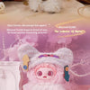 A pink fluffy plush doll with large eyes and a purple headband is displayed next to a wooden structure.