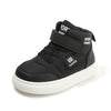 A black kids high-top sneaker with white sole and black fabric strap details.