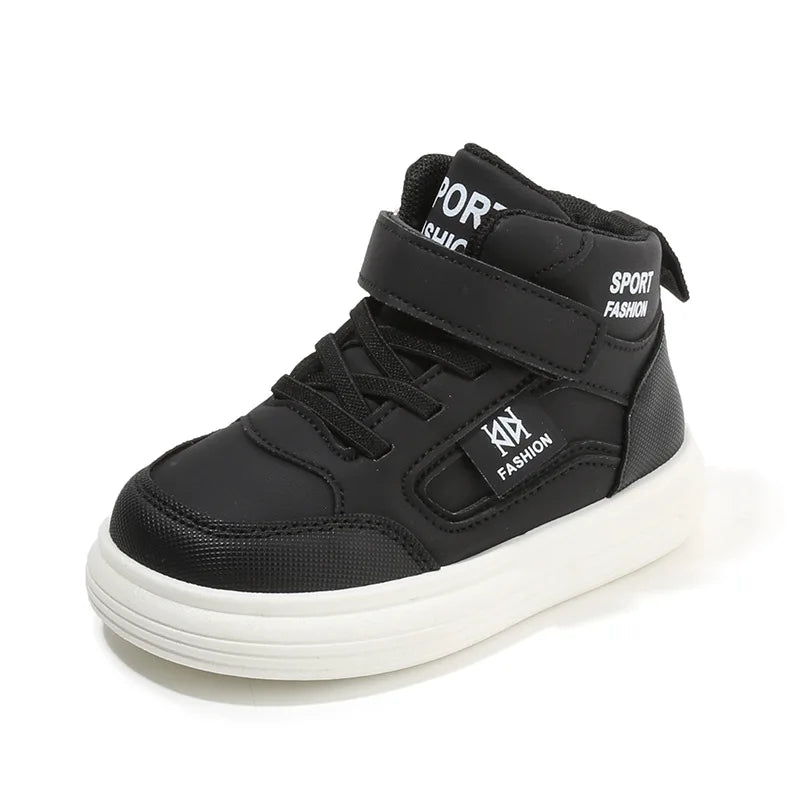 A black kids high-top sneaker with white sole and black fabric strap details.