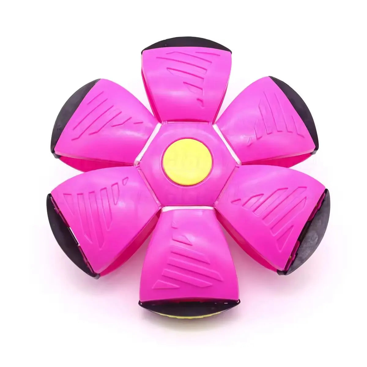 A bright pink, flower-shaped squeeze-and-throw flying saucer ball for active family fun.