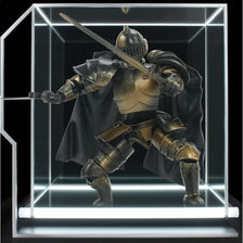 A detailed articulated paladin action figure in gold and black armor wielding a sword displayed in a clear acrylic box.