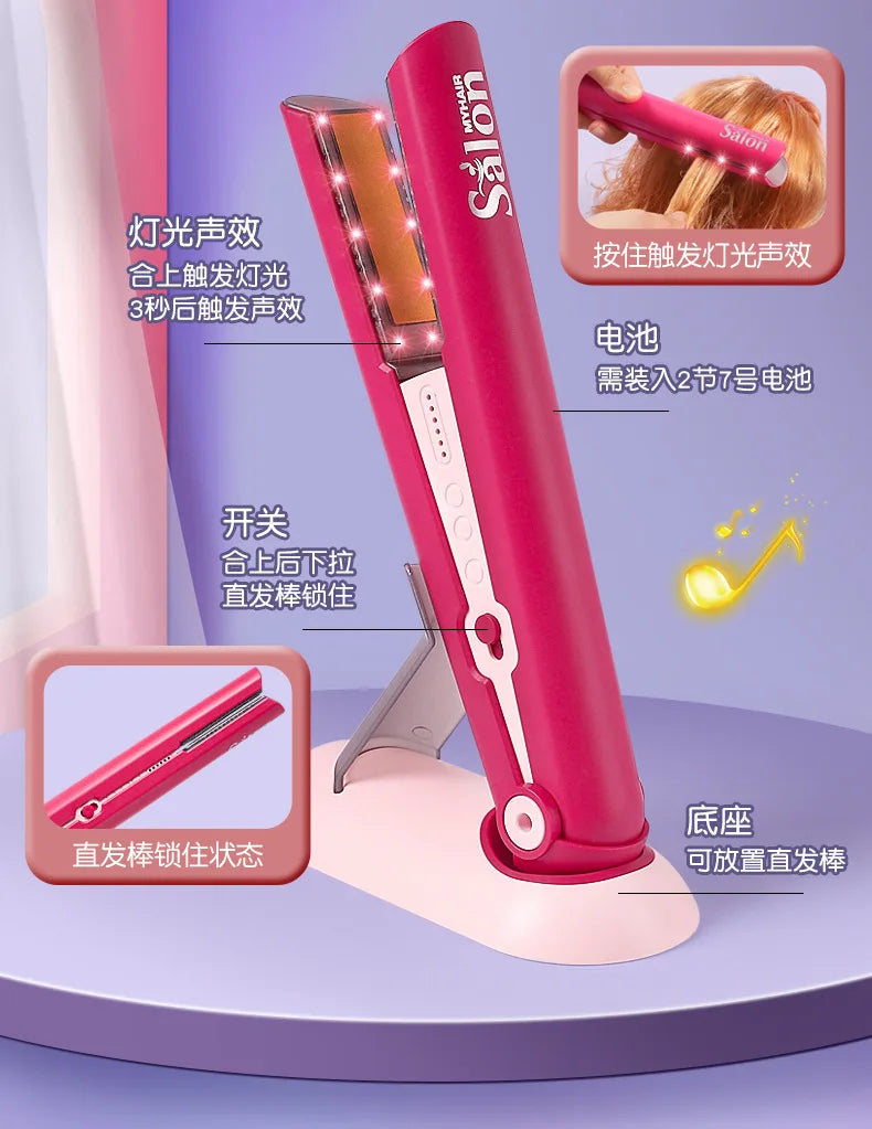 A pink hair styling tool is shown with various attachments and accessories for a beauty salon play set.