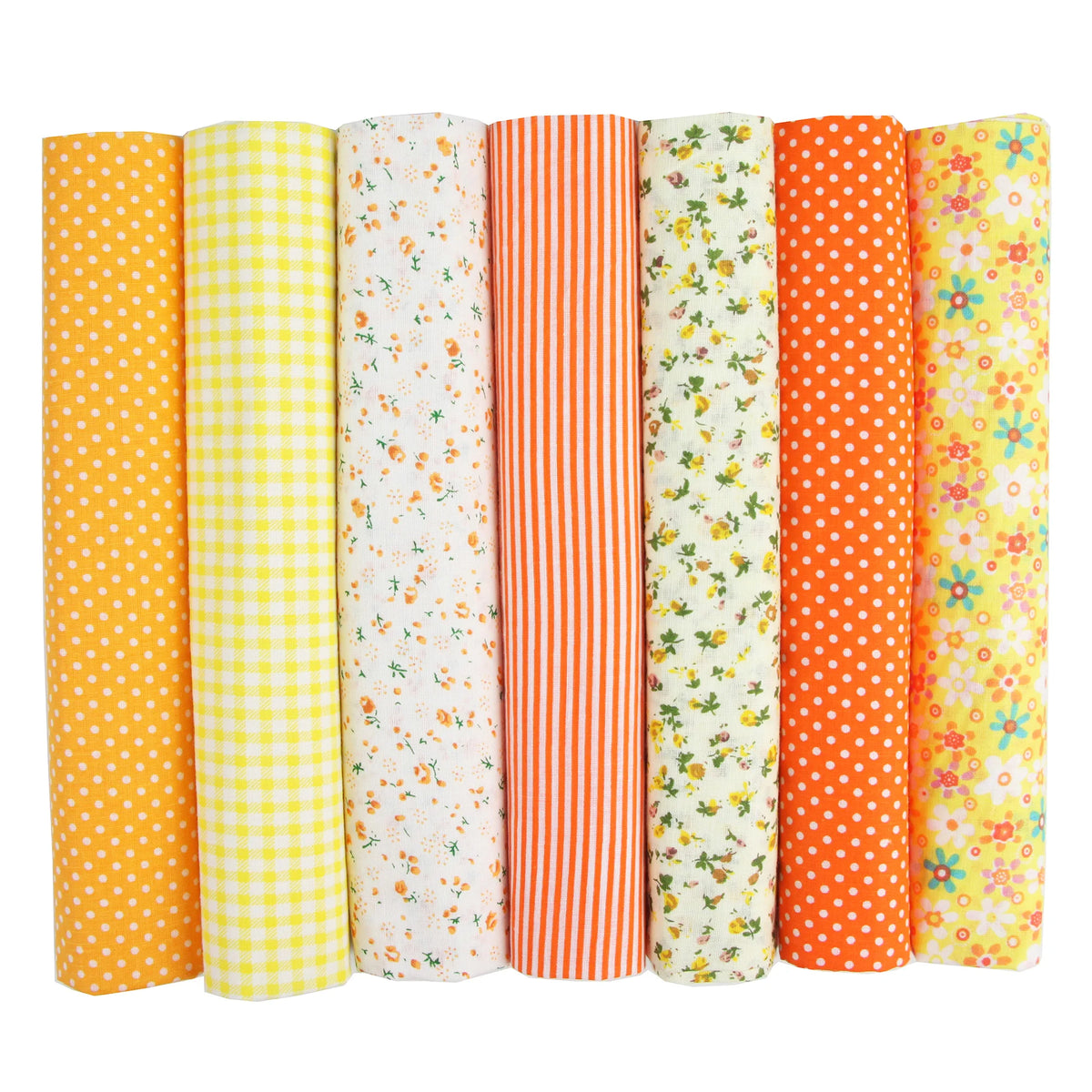 A pack of seven rolled cotton fabric squares in various stripes and patterns of yellow, orange, white, and green.