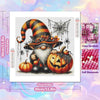 Diamond painting kit featuring a whimsical gnome and pumpkin on a canvas with clear symbols and full diamonds.