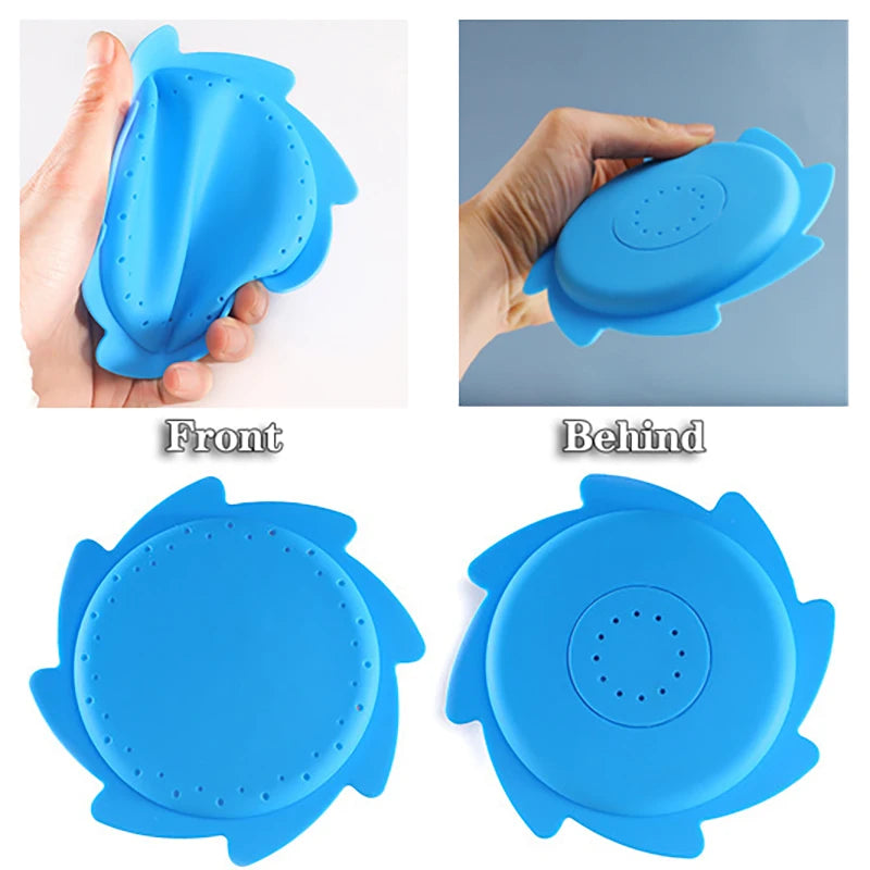 Front and behind views of a blue silicone splash flying ring water play toy