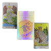 A set of three holographic tarot cards showing Temperance, a figure, and The Empress.