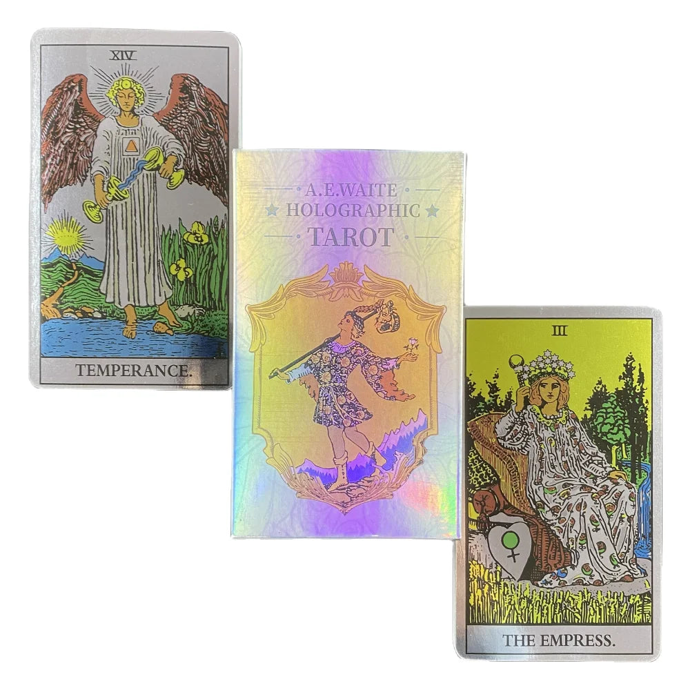 A set of three holographic tarot cards showing Temperance, a figure, and The Empress.
