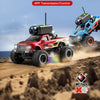 A red RC monster truck is driving off-road, featuring an FPV camera and a large screen display.