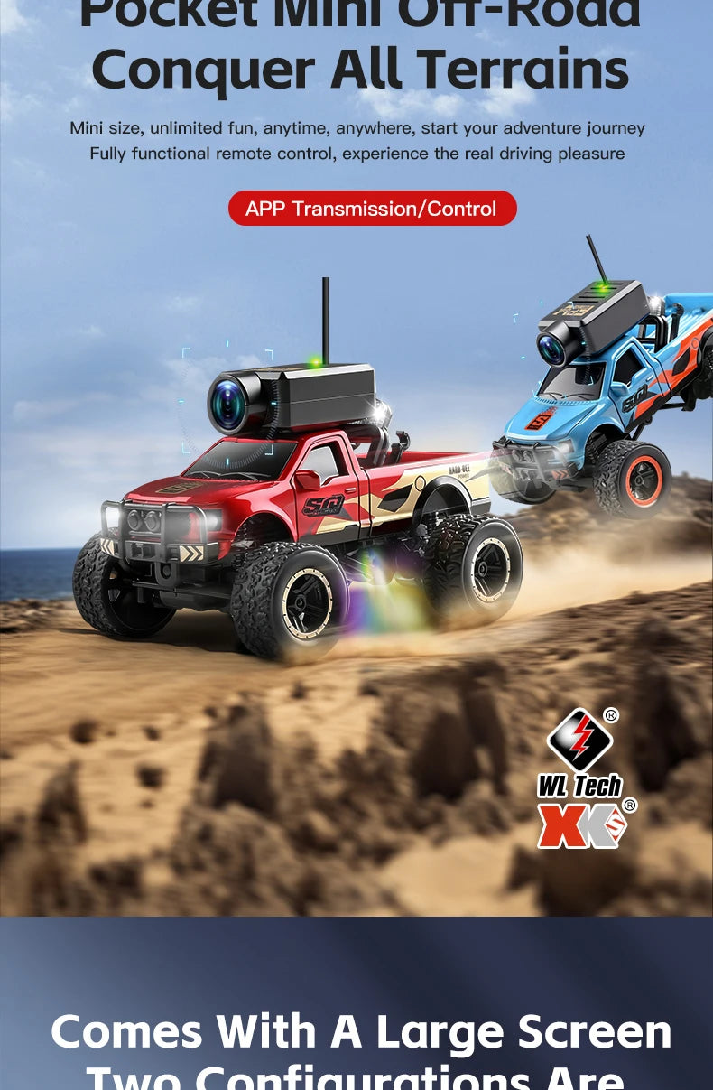 A red RC monster truck is driving off-road, featuring an FPV camera and a large screen display.