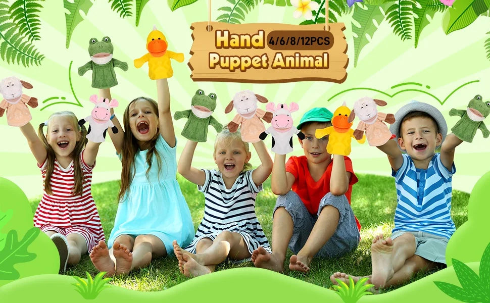 A group of children are posing with a set of hand puppet animals for play.