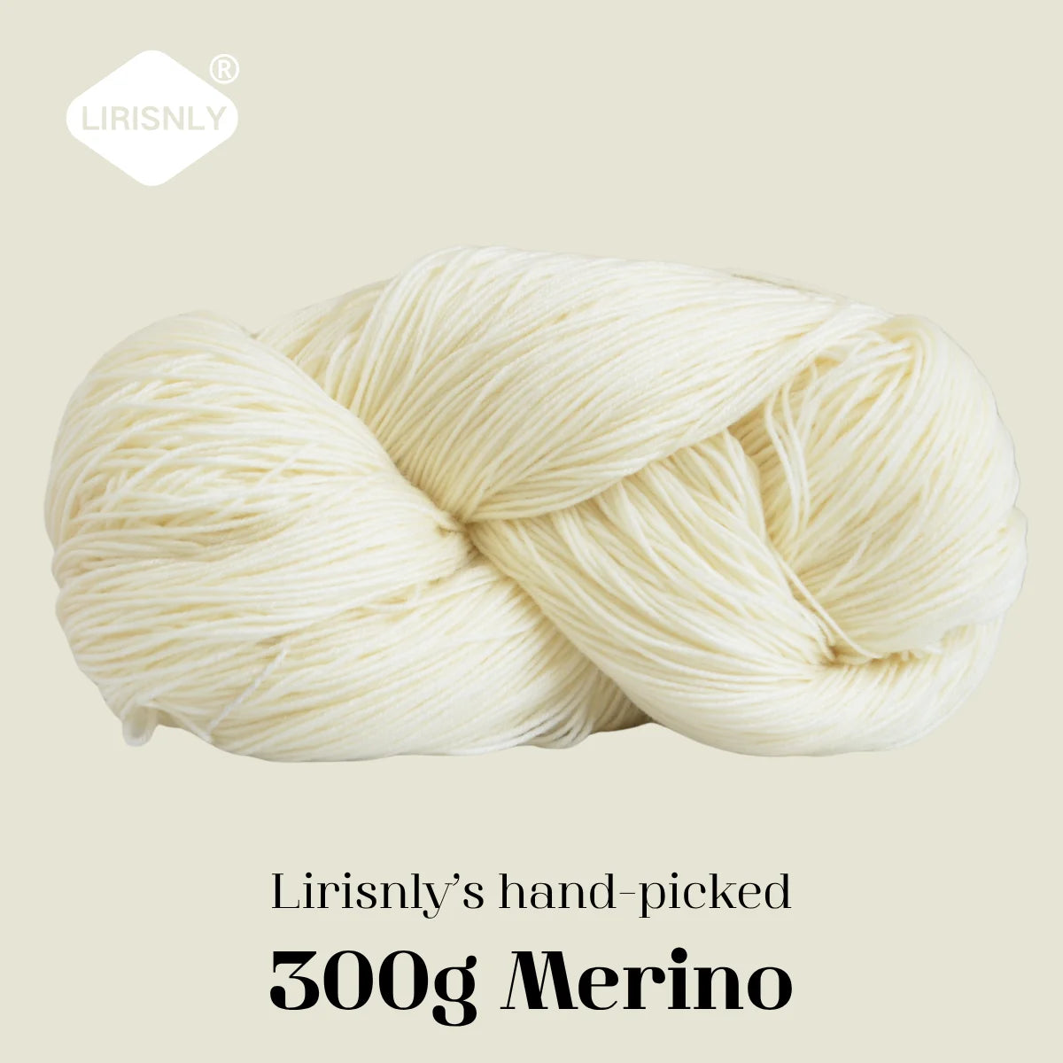 A ball of cream-colored Merino wool yarn, hand-picked by Lirisnly, shown in a close-up.