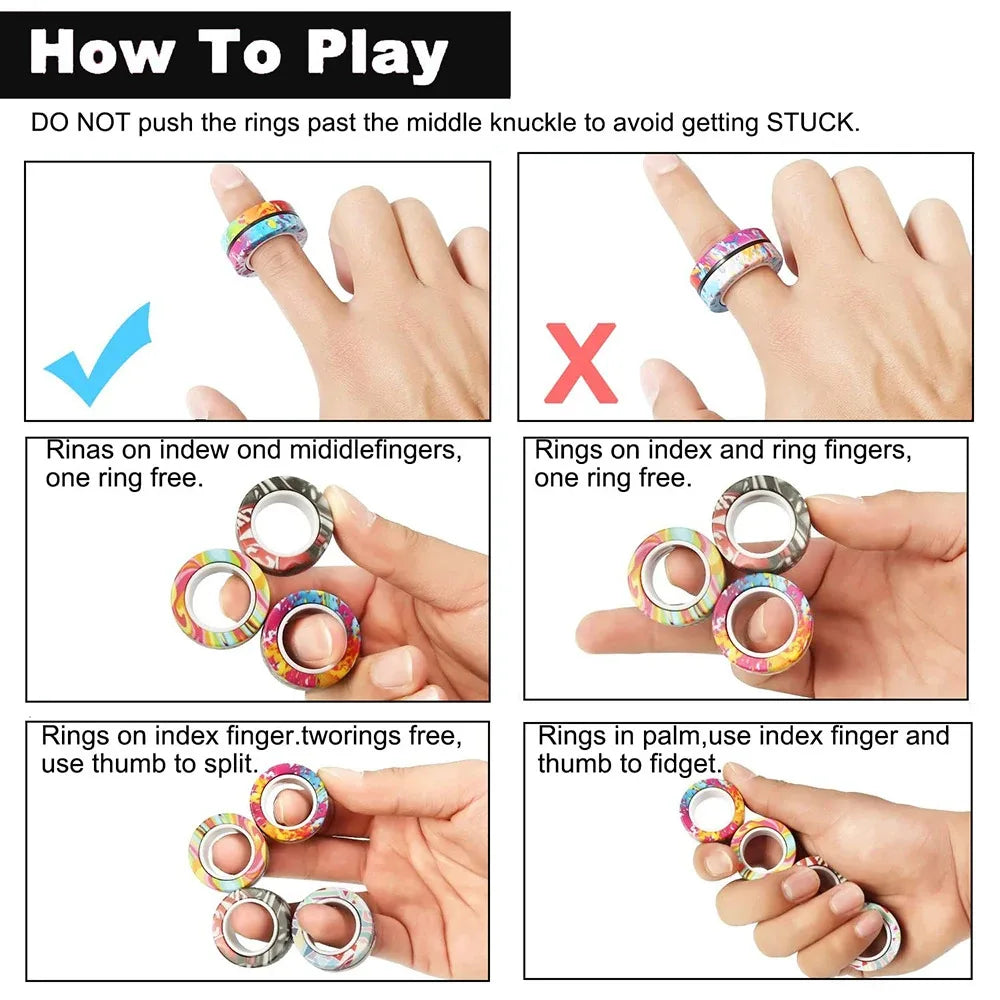 Instructions showing how to play with magnetic fidget rings, including pushing the rings past the middle knuckle and using va