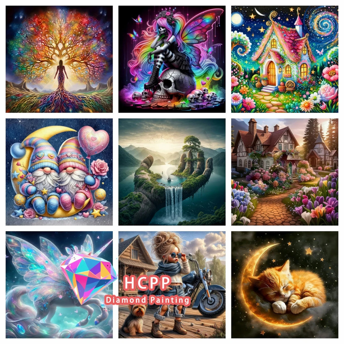 A collage of various 5D diamond painting designs featuring scenic animals, plants, and fantasy landscapes.