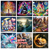 A collage of various 5D diamond painting designs featuring scenic animals, plants, and fantasy landscapes.