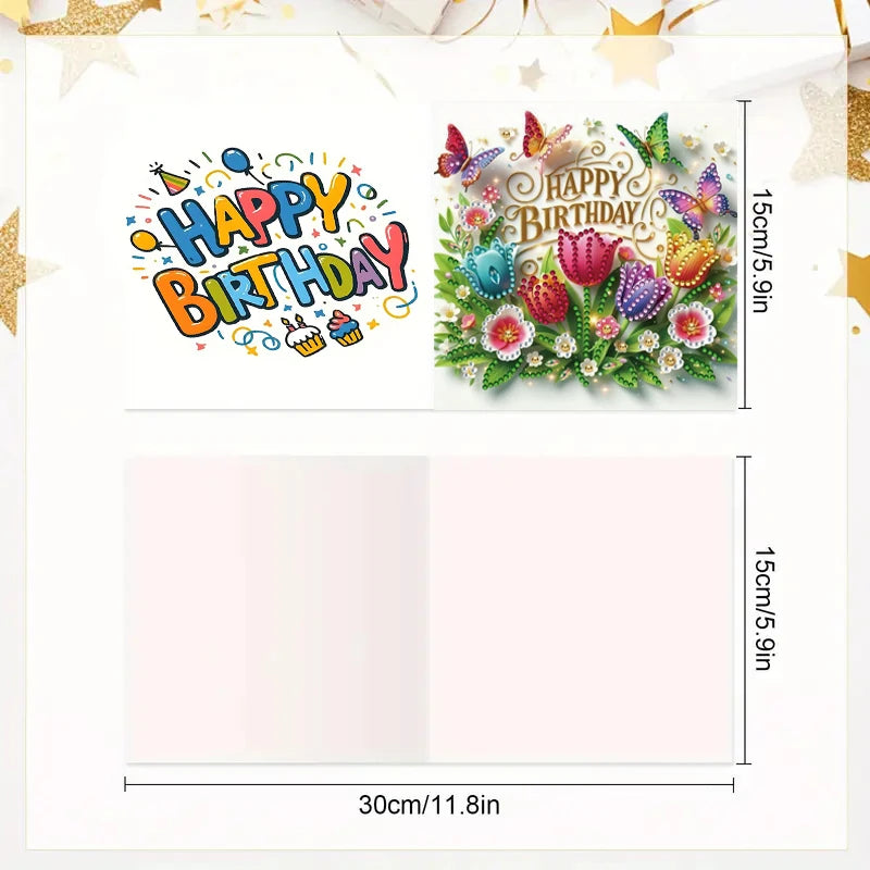 DIY diamond painting birthday card set featuring colorful flowers and birds with happy birthday text