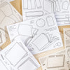 A collection of black line art stickers and frames for journaling and scrapbooking on white paper.