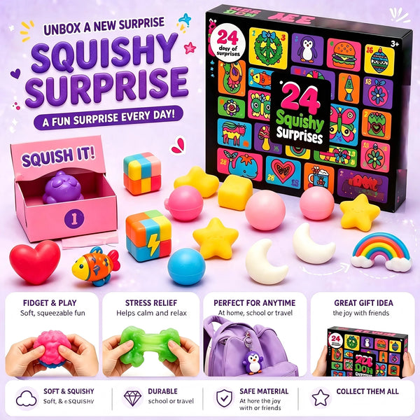 A box of 24 squishy surprises including various colorful and shaped squishies for a fun surprise day