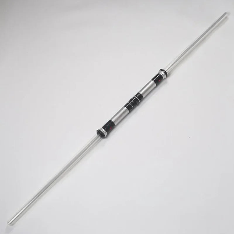 A silver lightsaber toy with black and red accents, showing various color modes.