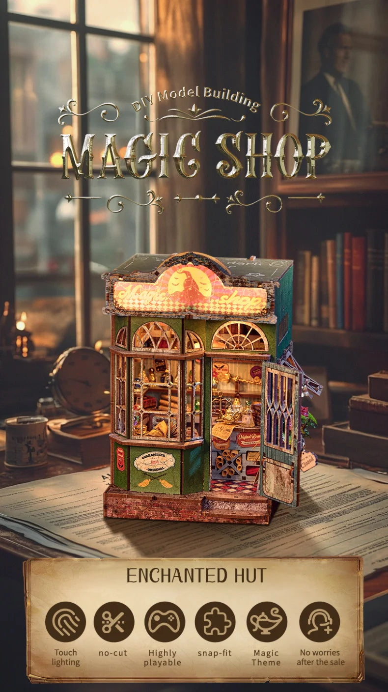 A detailed miniature building of a shop called Magic Shop featuring wooden elements and glass display windows.