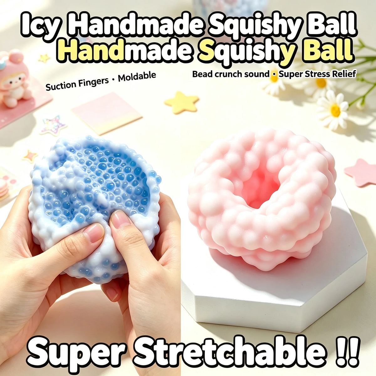 Hands hold a handmade squishy ball toy, showing its soft texture and stretchability.