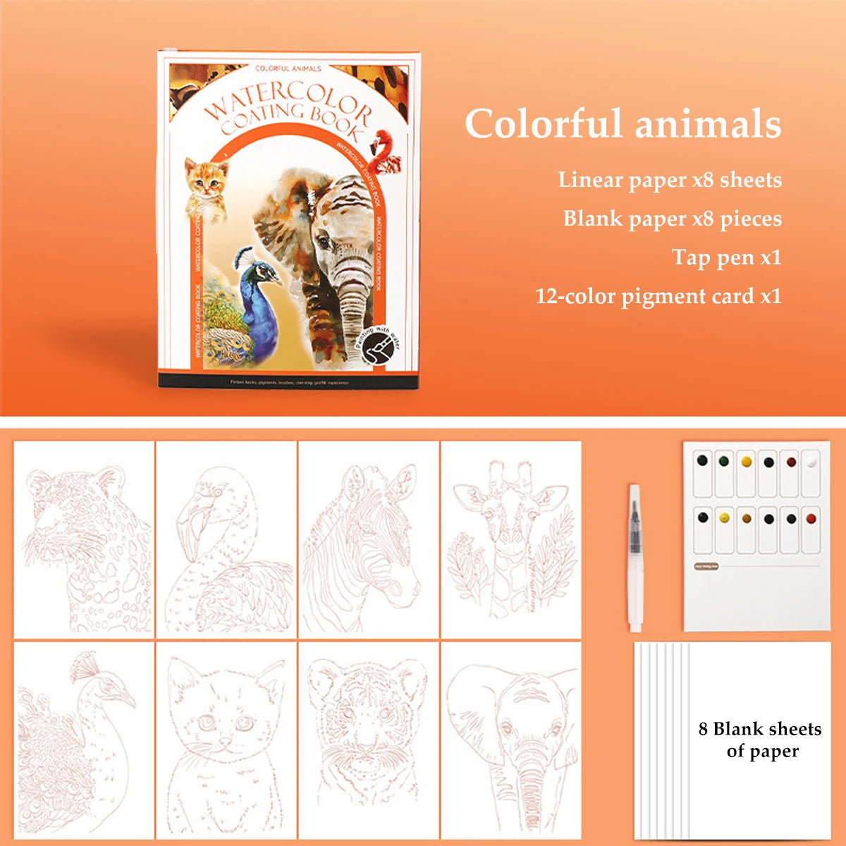 A watercolor coloring book set featuring line art of colorful animals like tigers, elephants, and birds with blank paper shee