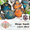 A collection of liquid core resin polyhedral dice in various colors and shapes for tabletop gaming