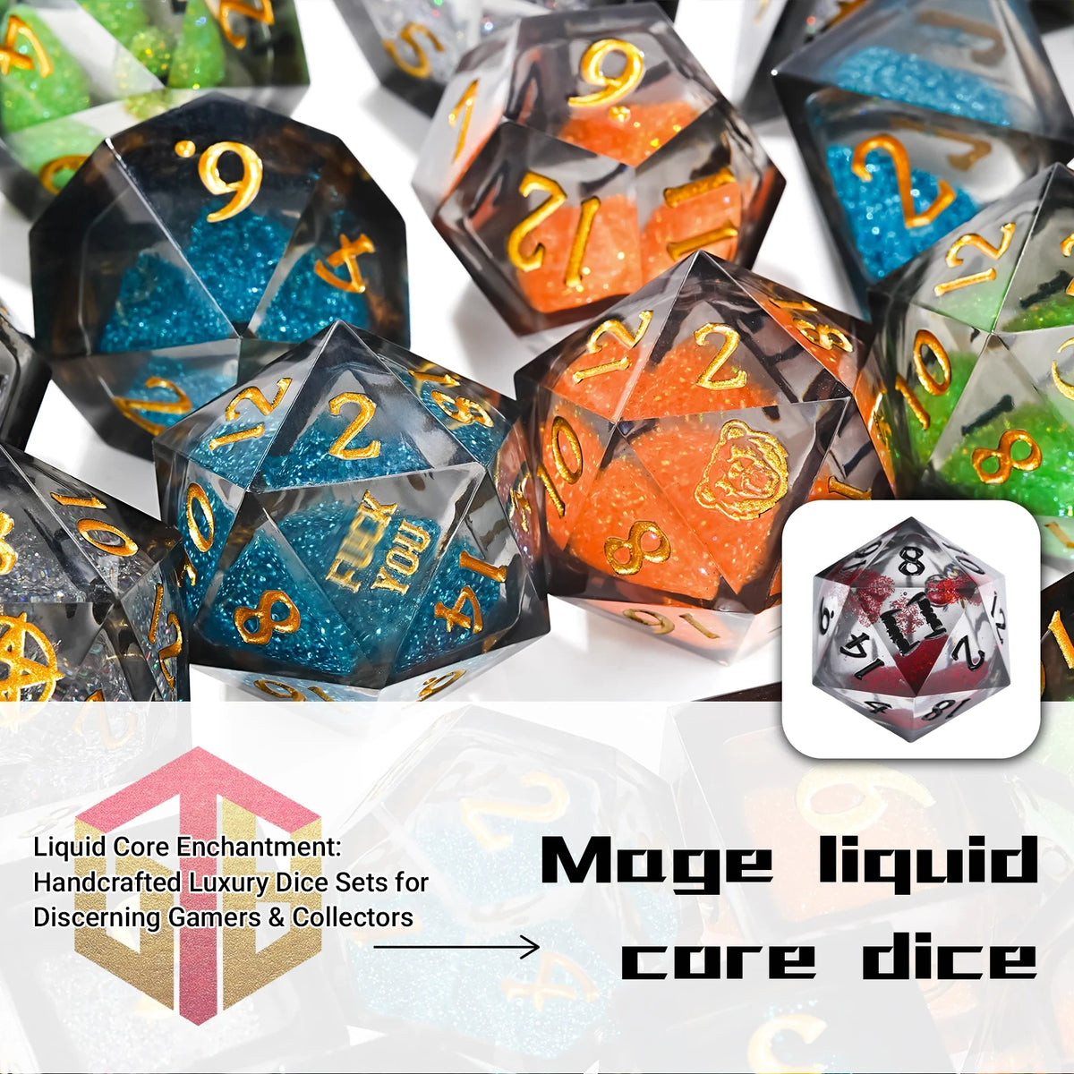 A collection of liquid core resin polyhedral dice in various colors and shapes for tabletop gaming
