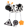 A black and white spiral sensory rattle toy with a flower-shaped component.